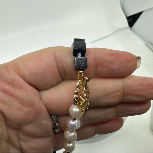 New Handmade Freshwater Pearl & Navy Goldsand Gem Necklace with Toggle Clasp - Picture 5 of 14